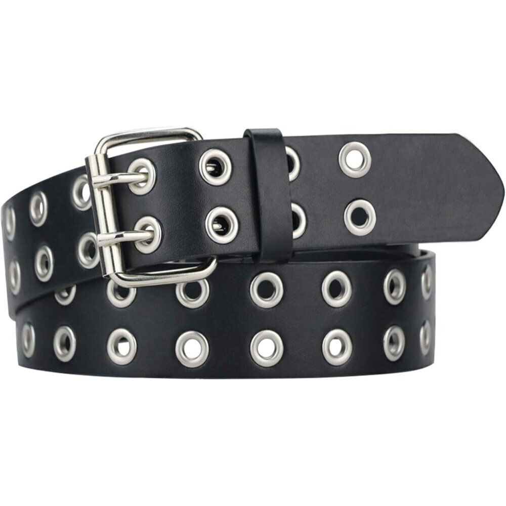 Grommet Leather Belt Double Holes Unisex Casual Punk Fashion Accessory